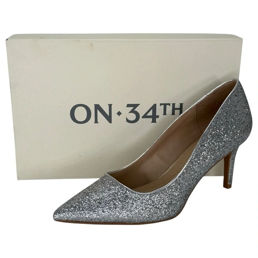 ON 34th Jeules Silver Glitter Womens Heels Size 8M